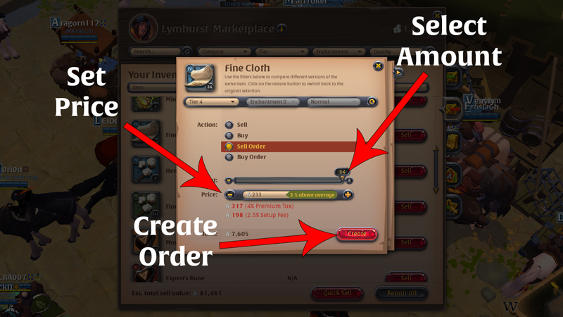 Selling interface in Albion's market
